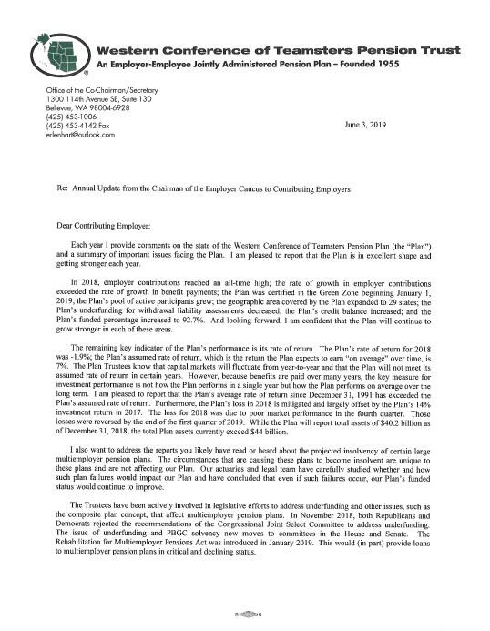 Letter from Employer Chairman The Western Conference of Teamsters Pension Trust